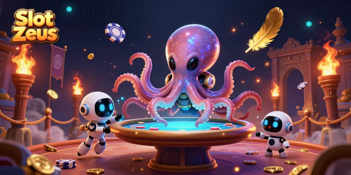 Slot Zeus menampilkan alien gurita yang beraksi di meja poker holografik dengan banyak permainan kasino.