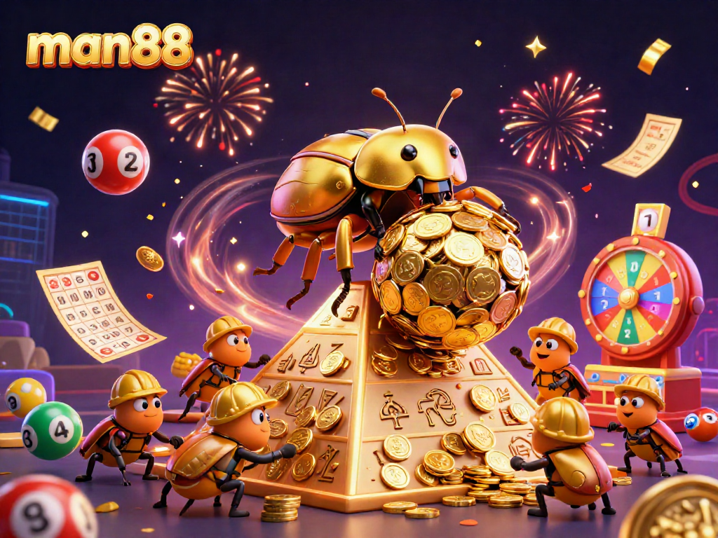 Experience thrilling moments with man88 as a golden dung beetle rolls in a celebratory casino scene.