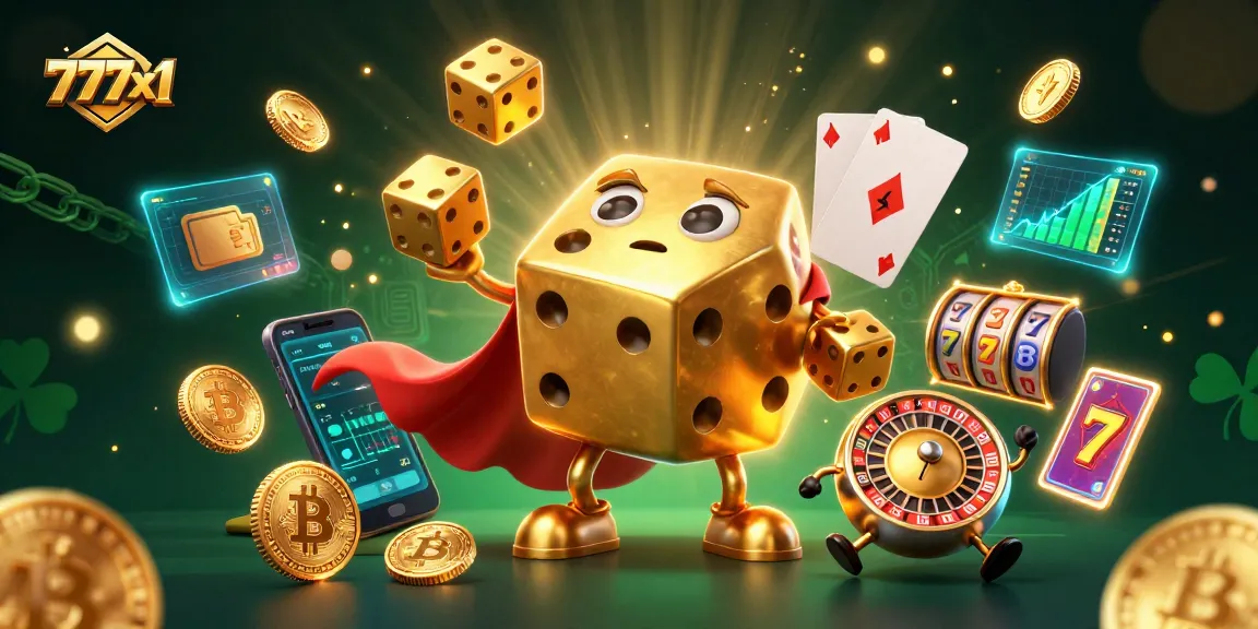 Engage in thrilling gaming at 777x1 with vibrant casino and cryptocurrency elements surrounding a magical dice golem.