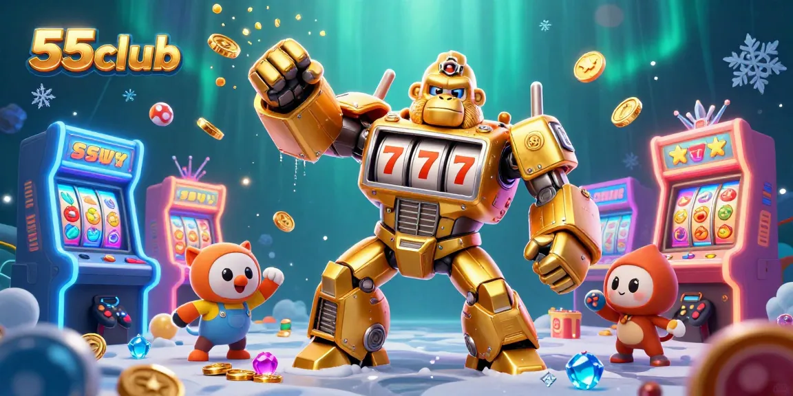 Engage with the thrill of winning at 55club, featuring a golden gorilla mech with slot machine elements.