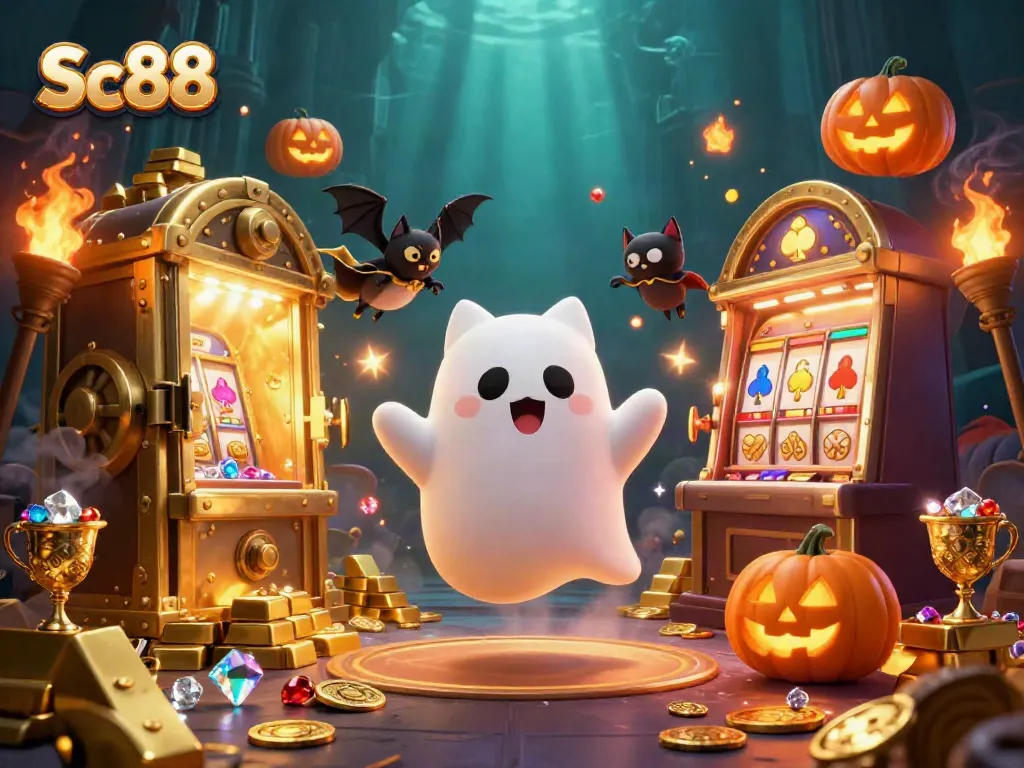 Win big at Sc88 with a friendly ghost cat in a haunted casino surrounded by glowing treasures and jackpots.