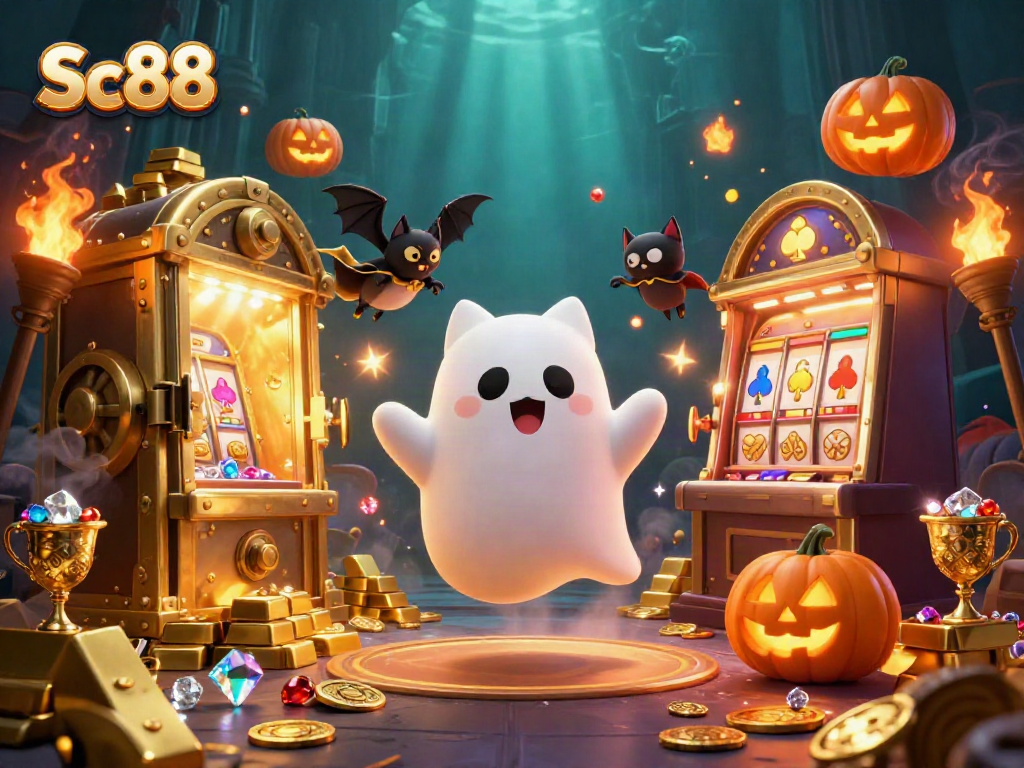 Win big at Sc88 with a friendly ghost cat in a haunted casino surrounded by glowing treasures and jackpots.