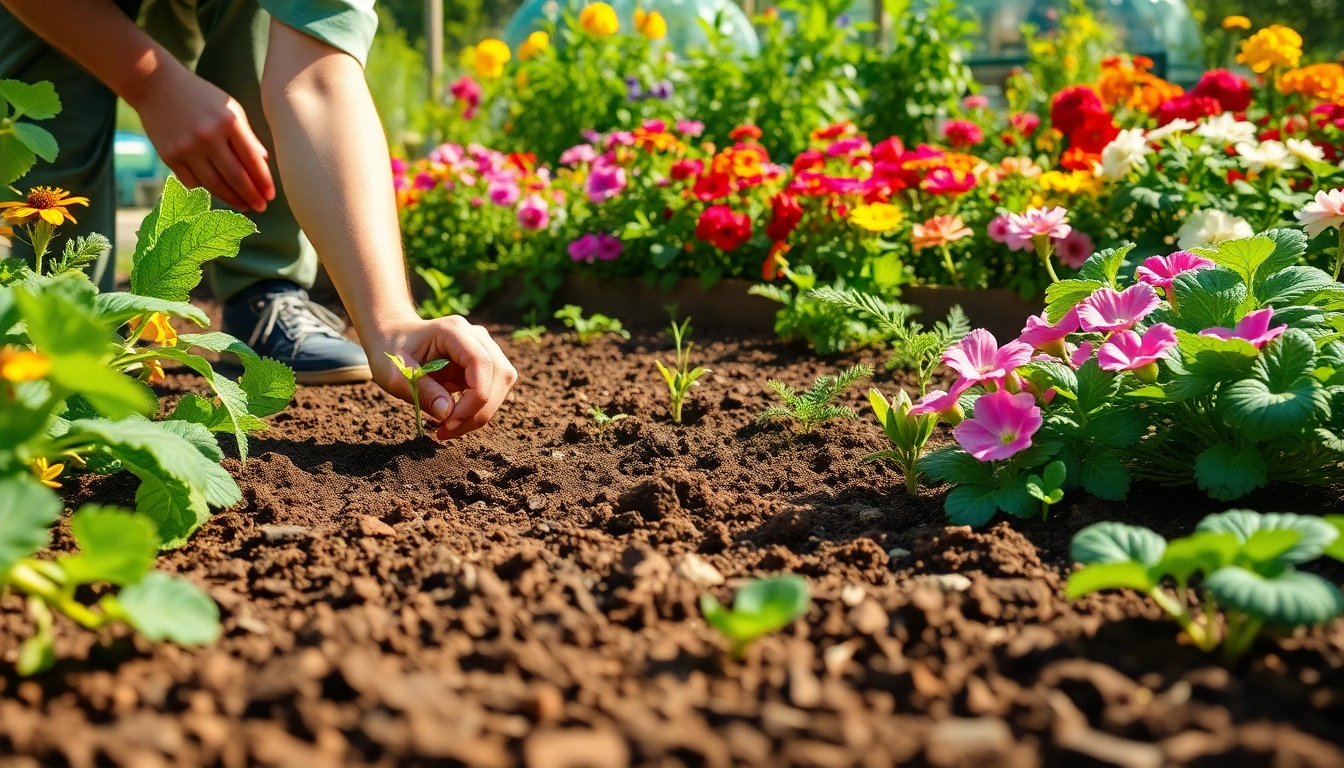 Gardening scene with a gardener planting in a vibrant green garden, showcasing colorful flowers.