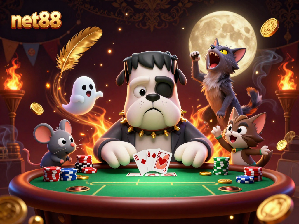 net88 features a Frankenstein bulldog dealing poker, adding excitement to the casino scene