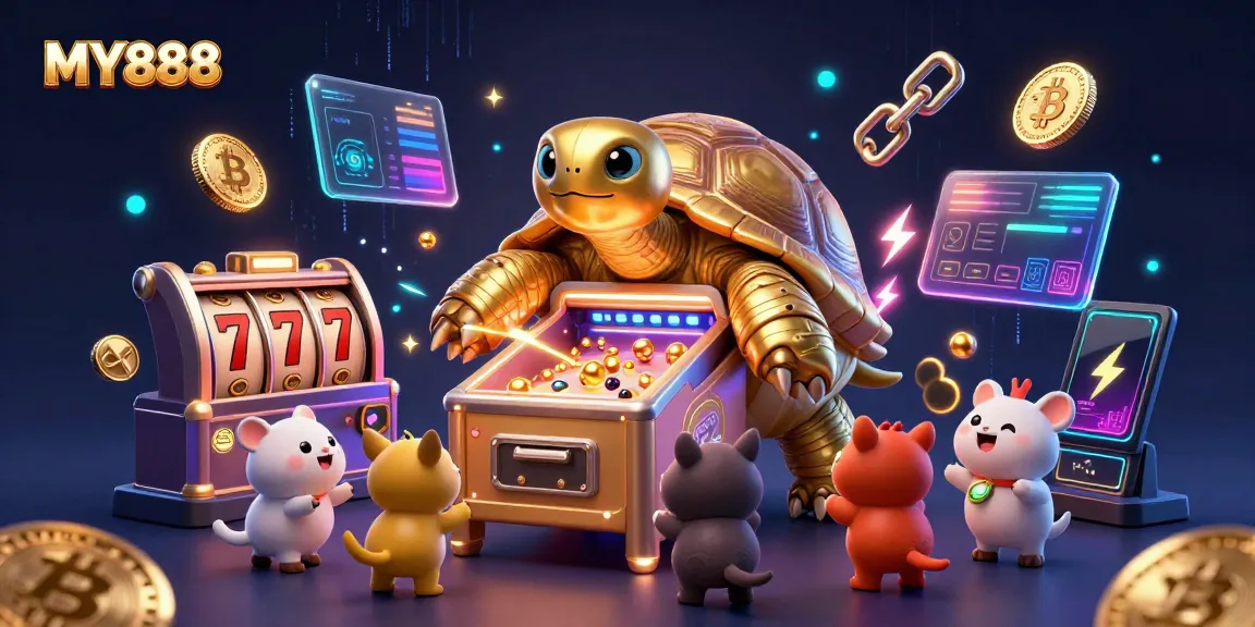 Engage with MY888's vibrant casino environment featuring a colossal tortoise pinball machine and crypto elements.