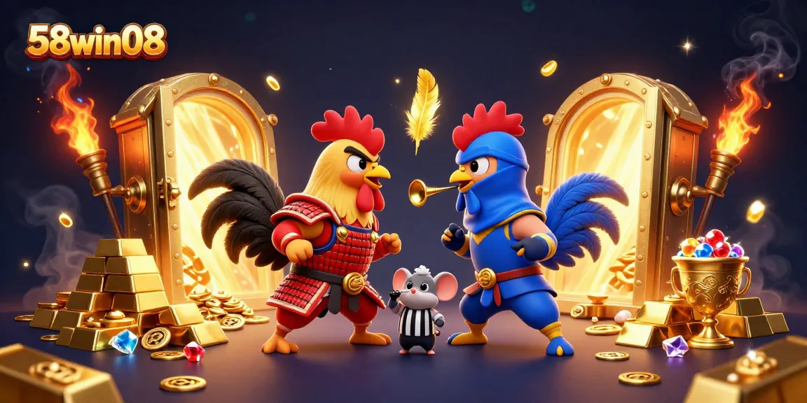 Experience thrilling showdowns with 58win08 in this captivating casino-themed illustration featuring fighting roosters.