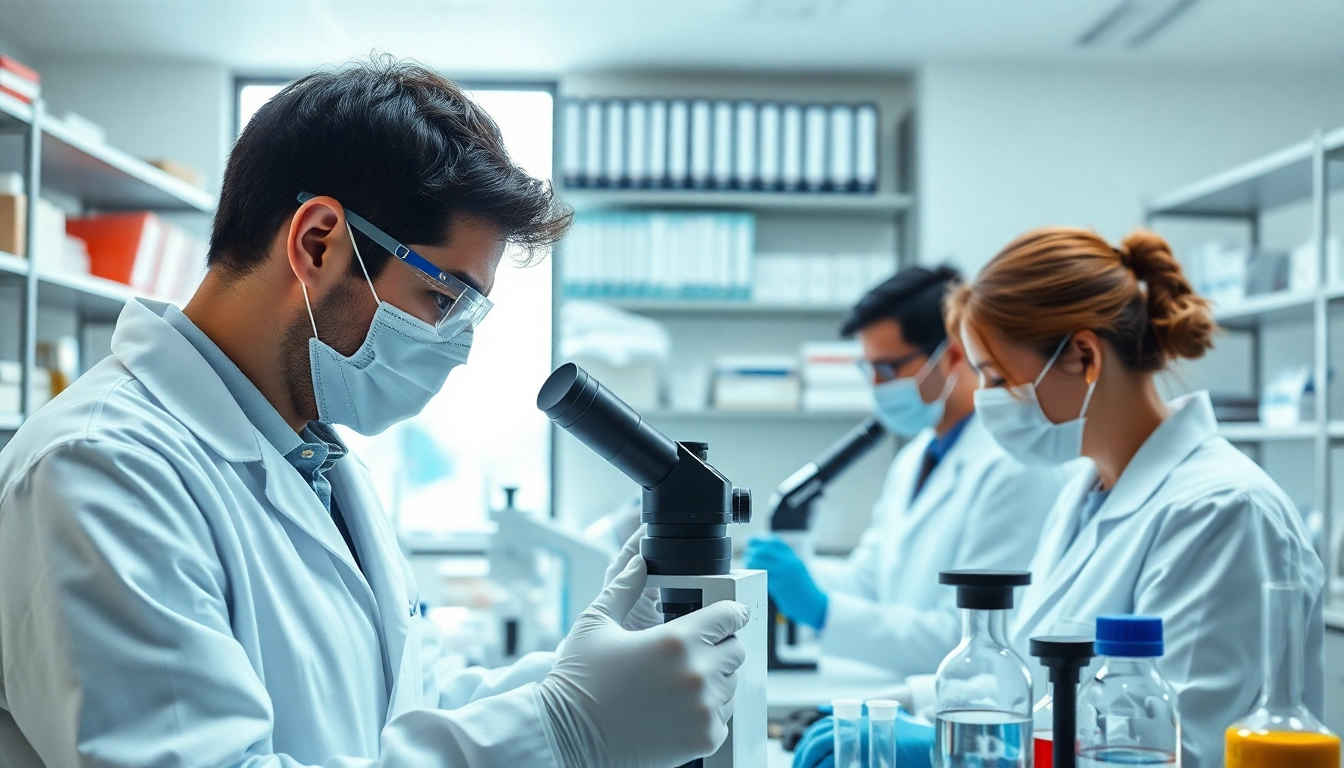 Analyzing research peptides in a laboratory setting with focus on samples and scientists.