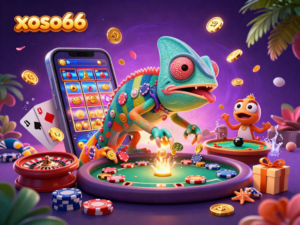 Engage with thrilling slot games and dynamic casino action at xoso66, showcasing colorful slots and golden coins.