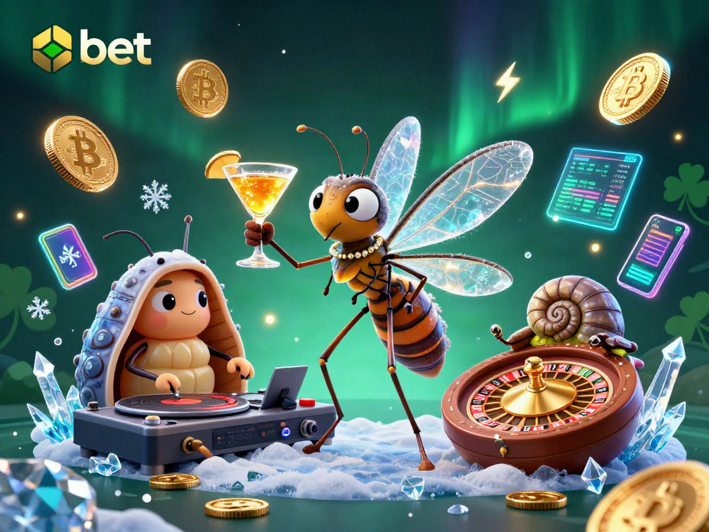 Win big with nbet at this vibrant casino scene featuring unique characters and cryptocurrency elements.