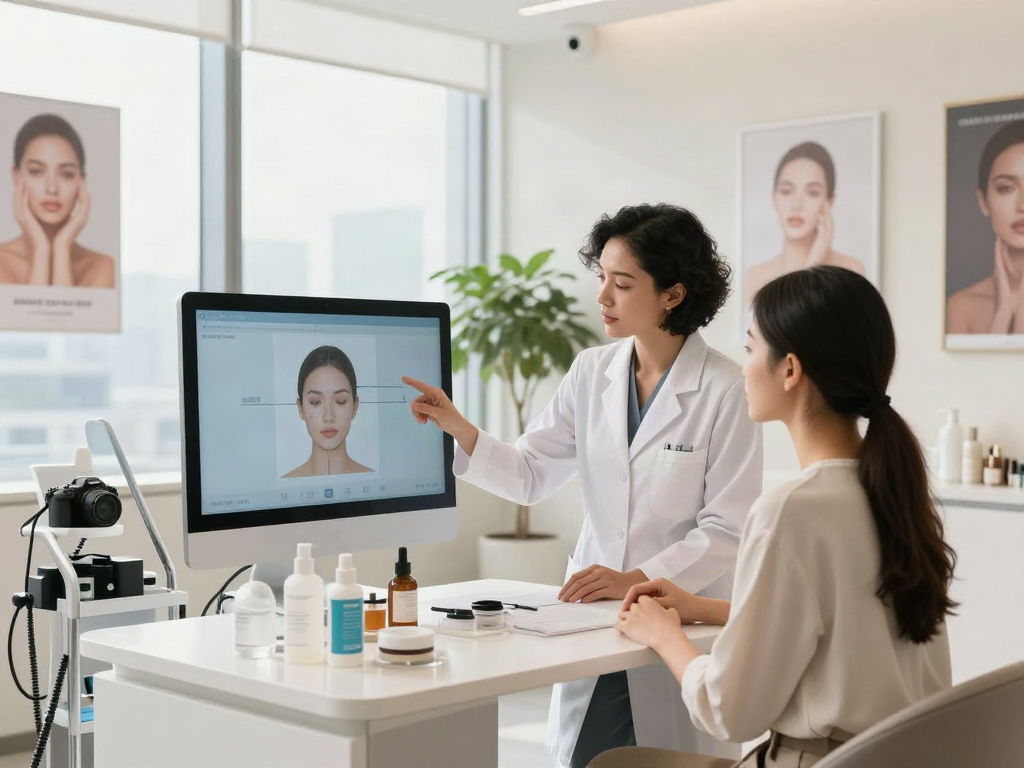 ClinicEvo better than QOVES: Aesthetic consultation scene with skincare expert and client