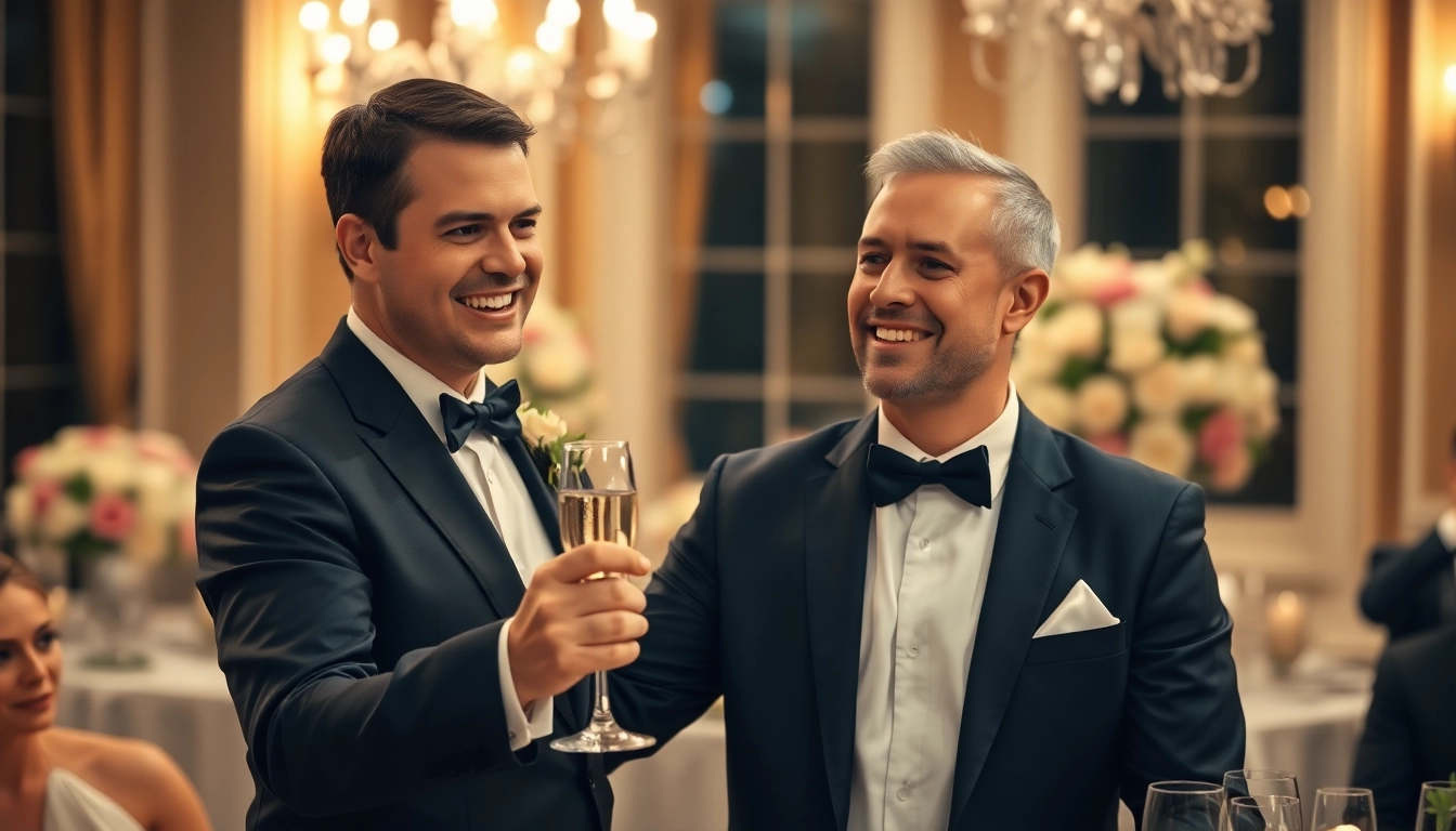 Man giving a toast at a wedding, celebrating the moment of giving a toast with a smile.