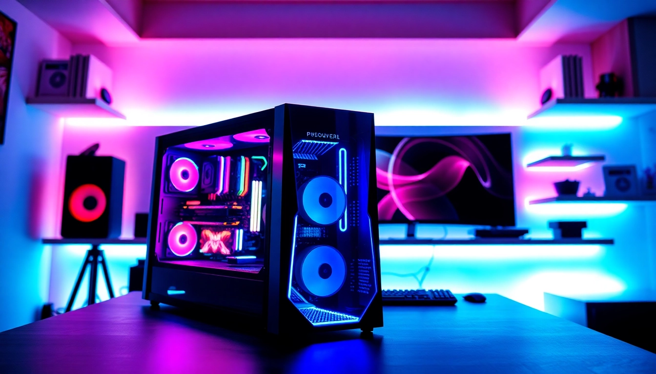 Ρυθμίστε pc με φωτισμό RGB και μοντέρνα γραφικά σε έναν επαγγελματικό χώρο.