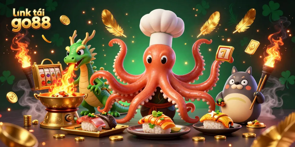 Experience the thrill of link tải go88 with this action-packed illustration featuring exciting golden dishes, slot reels, and vibrant characters.
