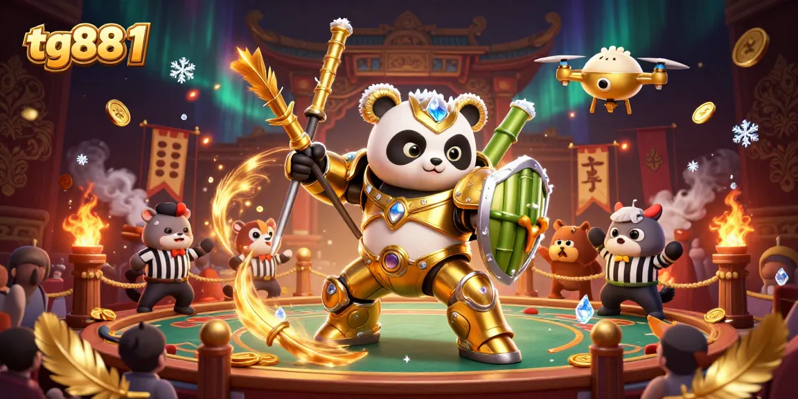 Engage in thrilling bets with tg88 1 amidst a vibrant online casino scene featuring a mech-suit panda.