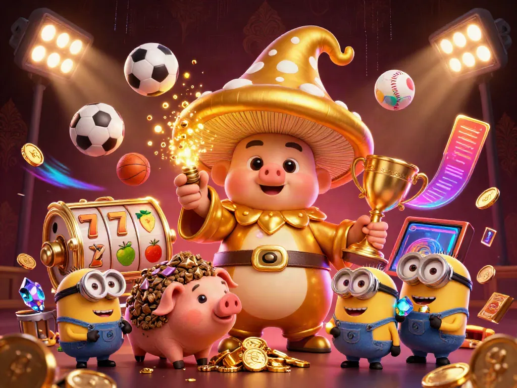 Bolaslot99 showcases a magical scene with a golden mushroom wizard, pig familiar, and gem-carrying minions in a casino environment.