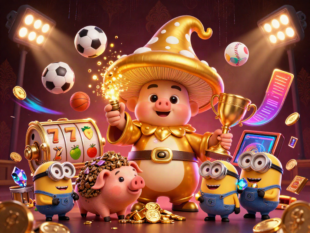 Bolaslot99 showcases a magical scene with a golden mushroom wizard, pig familiar, and gem-carrying minions in a casino environment.