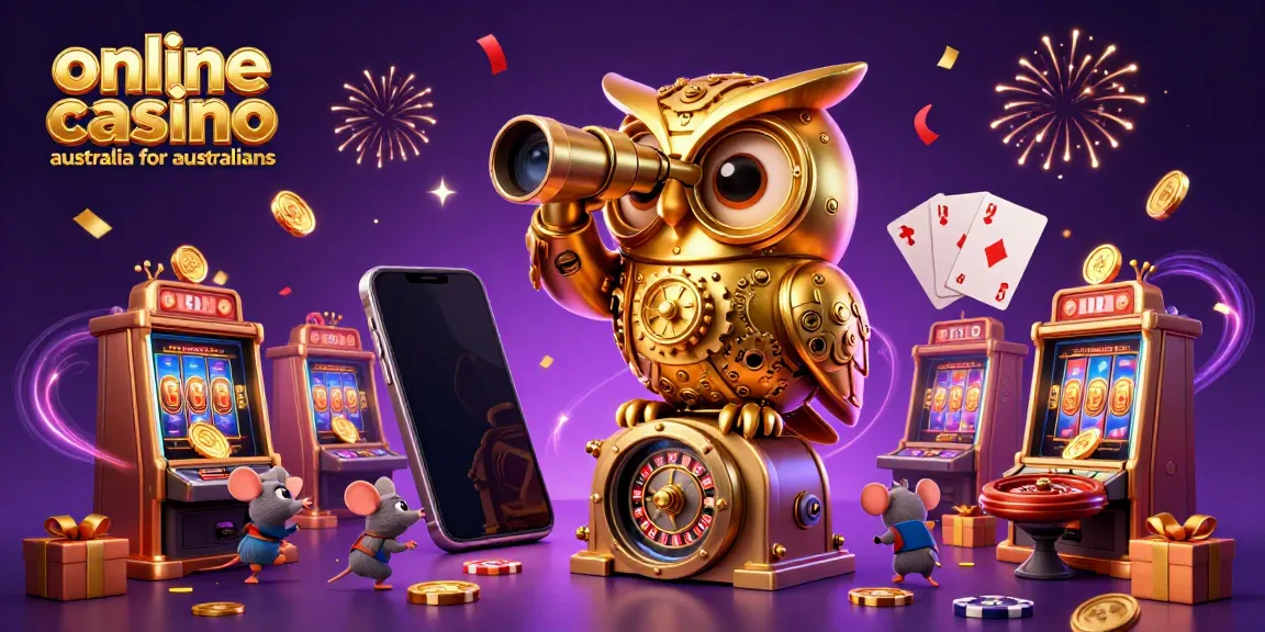 Experience a vibrant scene of an online casino Australia for Australians with a golden owl, mice patrons, and various gaming elements.