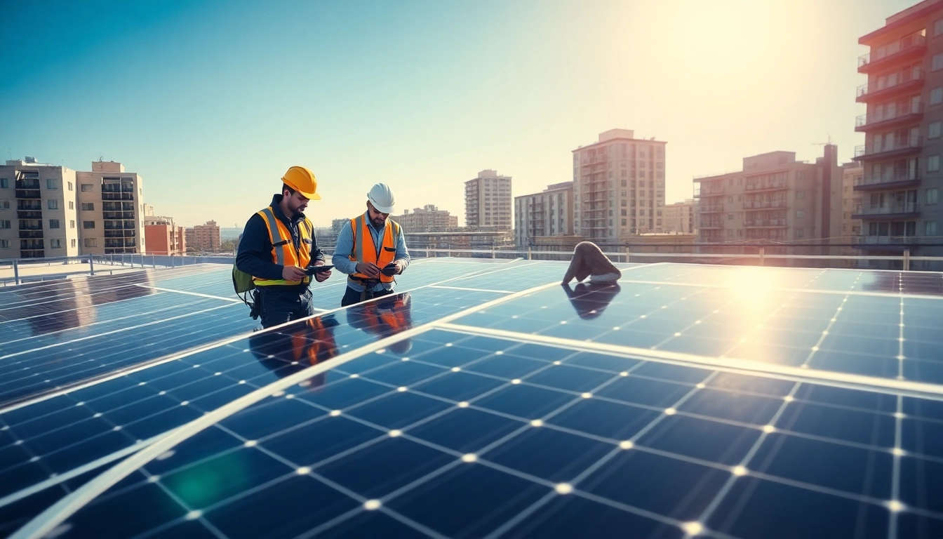 Technicians performing commercial solar maintenance New Jersey, inspecting solar panels on an urban roof.
