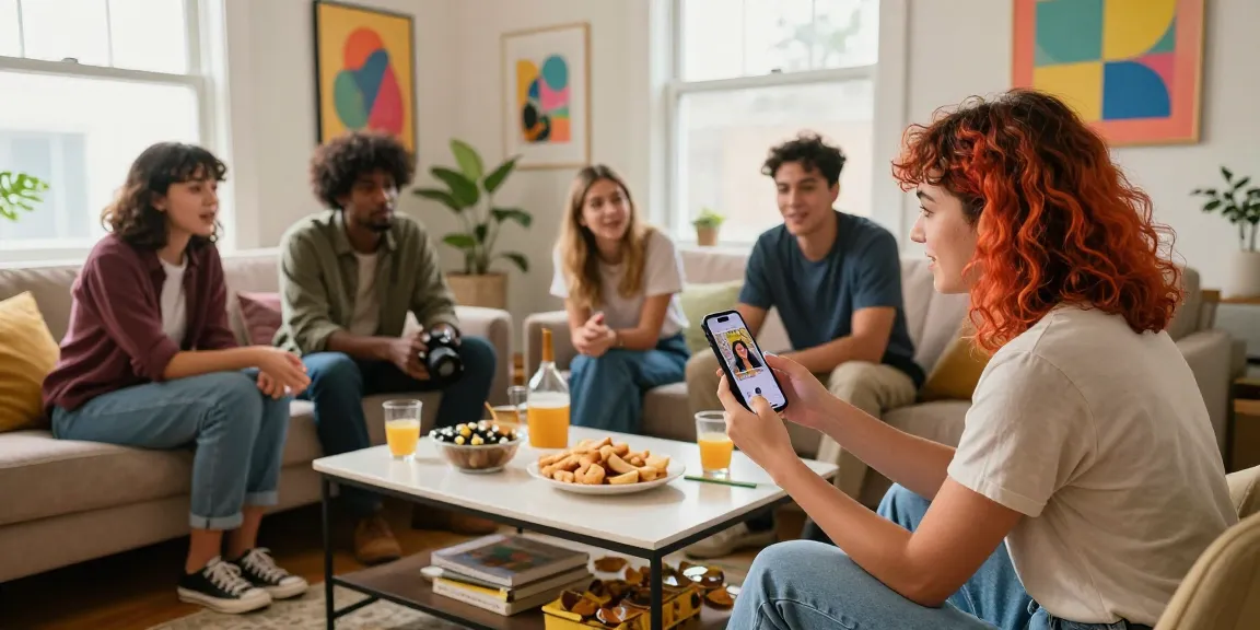 Group discussing creative Snapchat amateur content ideas in a vibrant living room