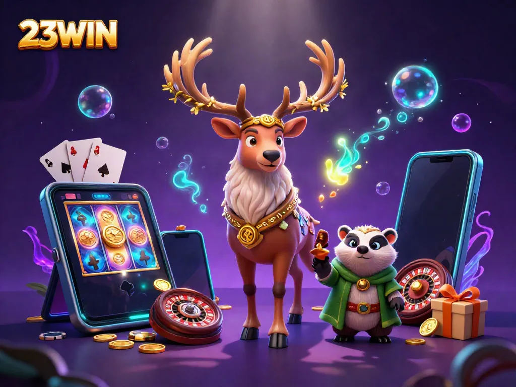 Experience the excitement of 23WIN with a vibrant 3D casino scene featuring slot games and engaging characters.