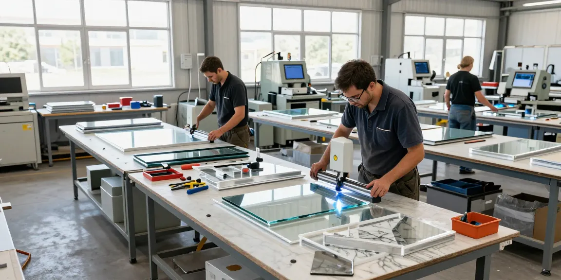 Skilled craftsmen engaging in aluminium and glass work across UAE, Fujairah, Kalba showcasing a modern workshop.