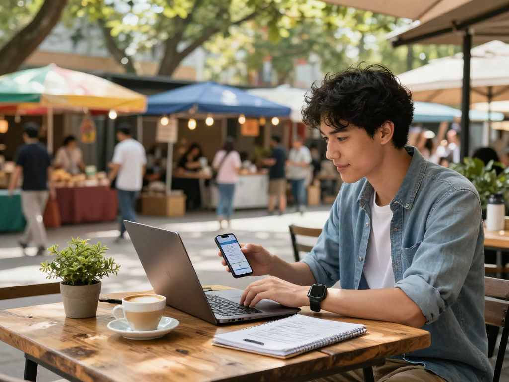 Young professional using slot qris payment at outdoor café with vibrant backdrop.