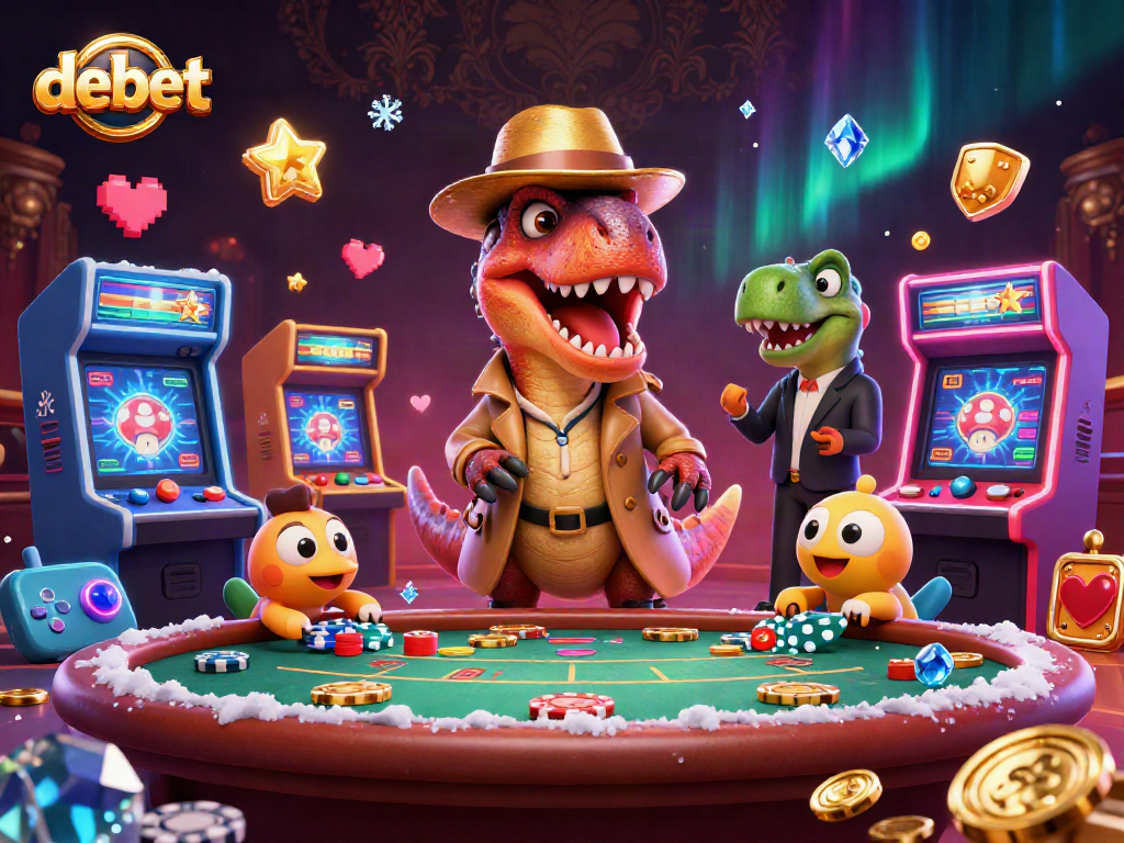 Experience debet gaming excitement with a cartoon velociraptor at a blackjack table surrounded by thrilling elements.