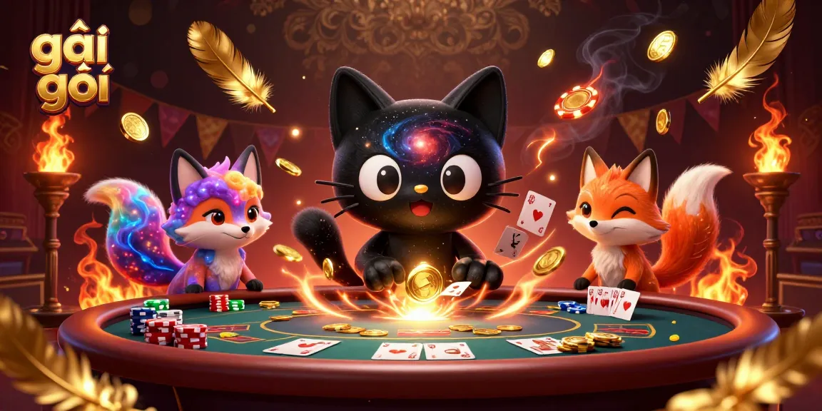 Engage in a cosmic casino adventure with gái gọi, featuring a cartoon black hole cat and nebula fox.