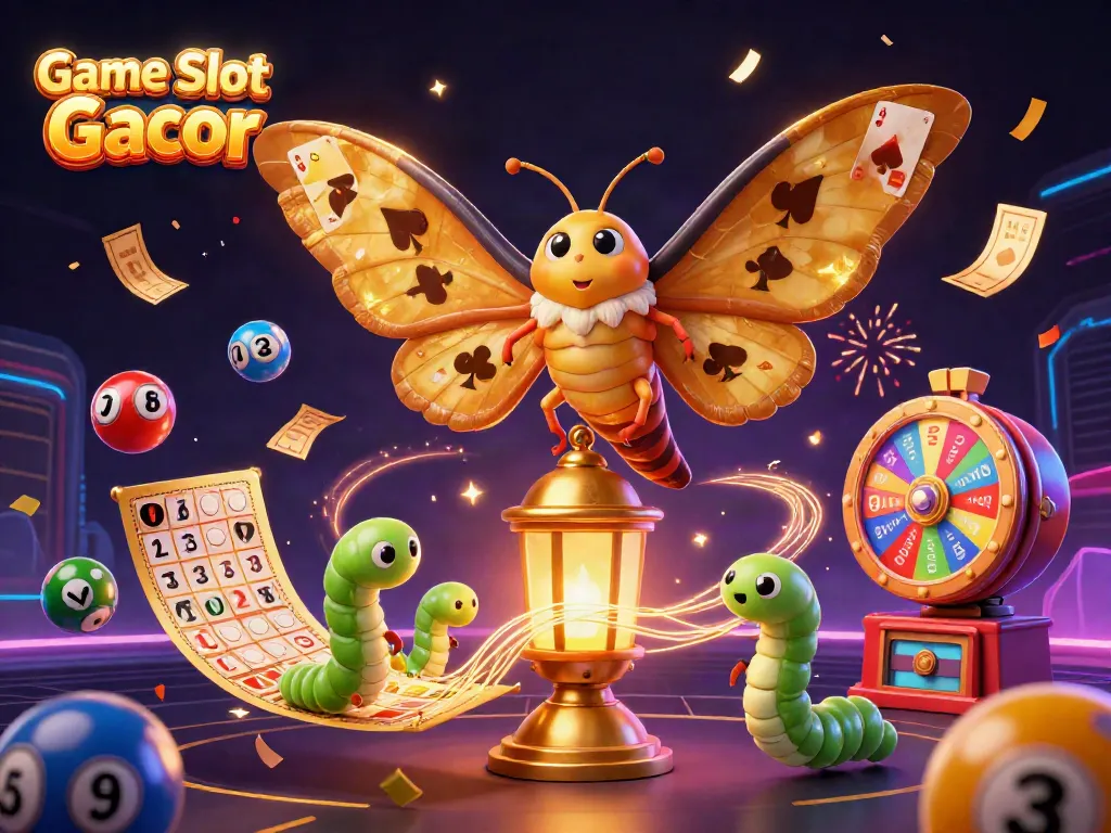 Ilustrasi Game Slot Gacor menampilkan kupu-kupu raksasa berwarna emas dengan kartu permainan, bola lotere berwarna, dan suasana kasino yang meriah.