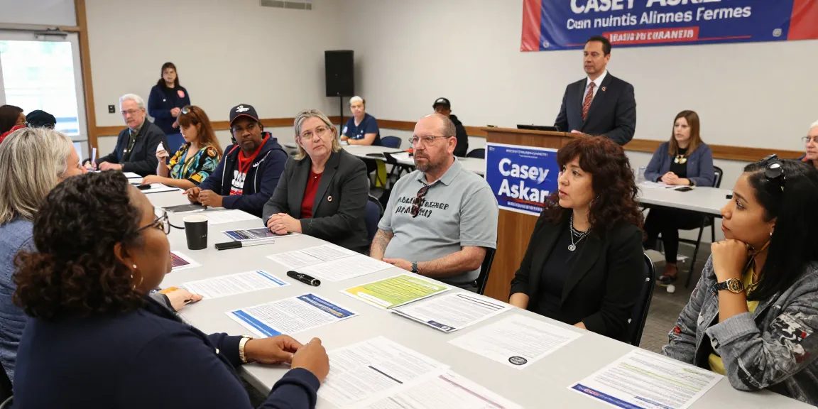 Casey Askar engages with voters in a community center illustrating political transparency.