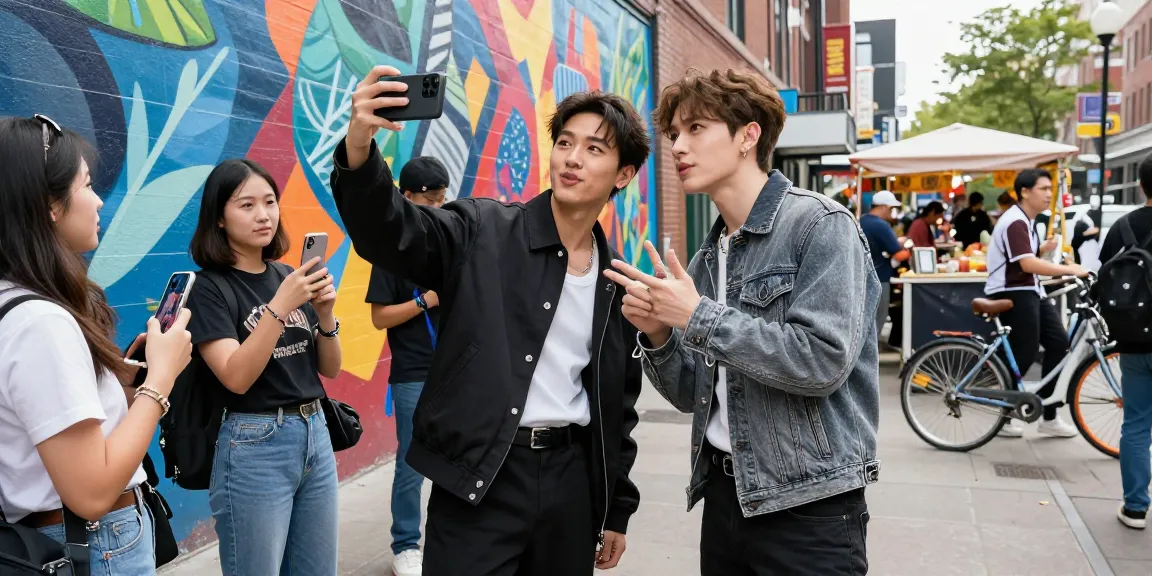 Two individuals resembling celebrities interact in a lively urban setting, showcasing the joy of discovering who celebrities look alike.