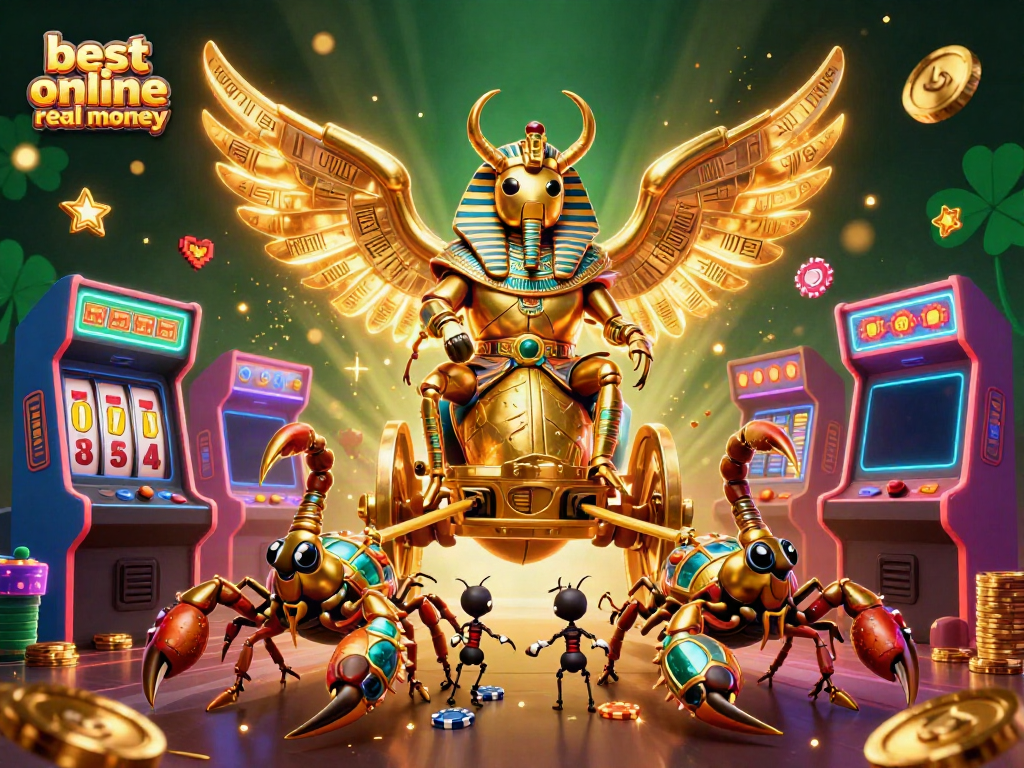 Engage with the best online casino real money featuring a colossal golden scarab beetle in a vibrant casino scene.