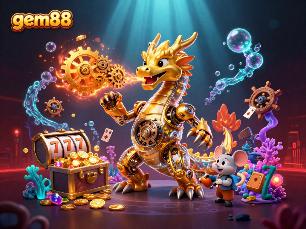 Experience gem88's vibrant casino adventure with a dragon, treasure, and dynamic game elements.